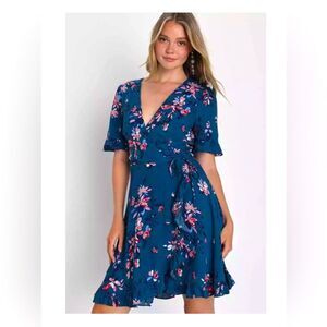Dalton Teal Blue Floral Wrap Dress | Ruffled Fairy Dress‎ | Lulus Small | EUC